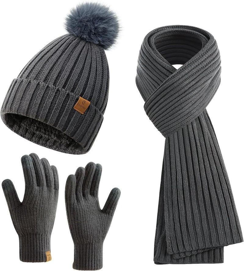 Coolprince Womens Long Scarf Gloves and Hat Set Cold Weather Hat Scarf Glove Set for Women Winter Beanie Hats with Pom Pom - Image 1